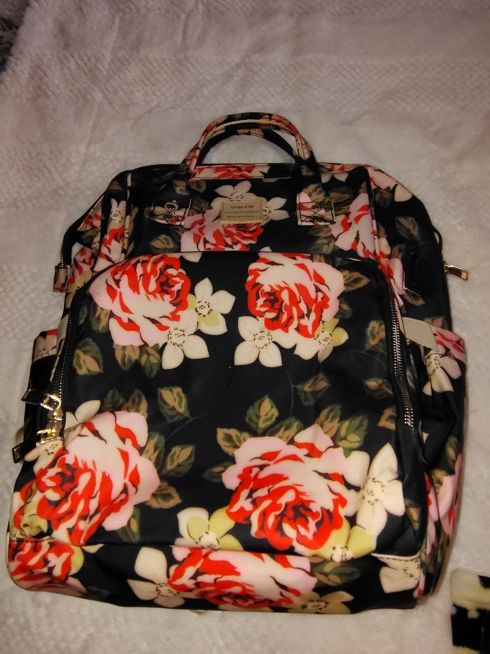 Floral Print Women's Backpack - Black with Red & Pink Roses